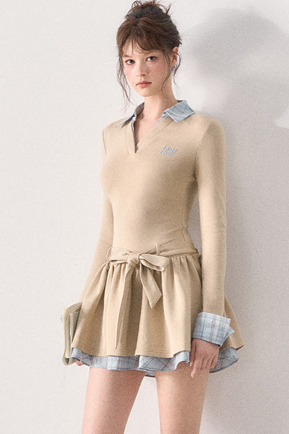 Bow Belt Knit Layered-Look Dress
