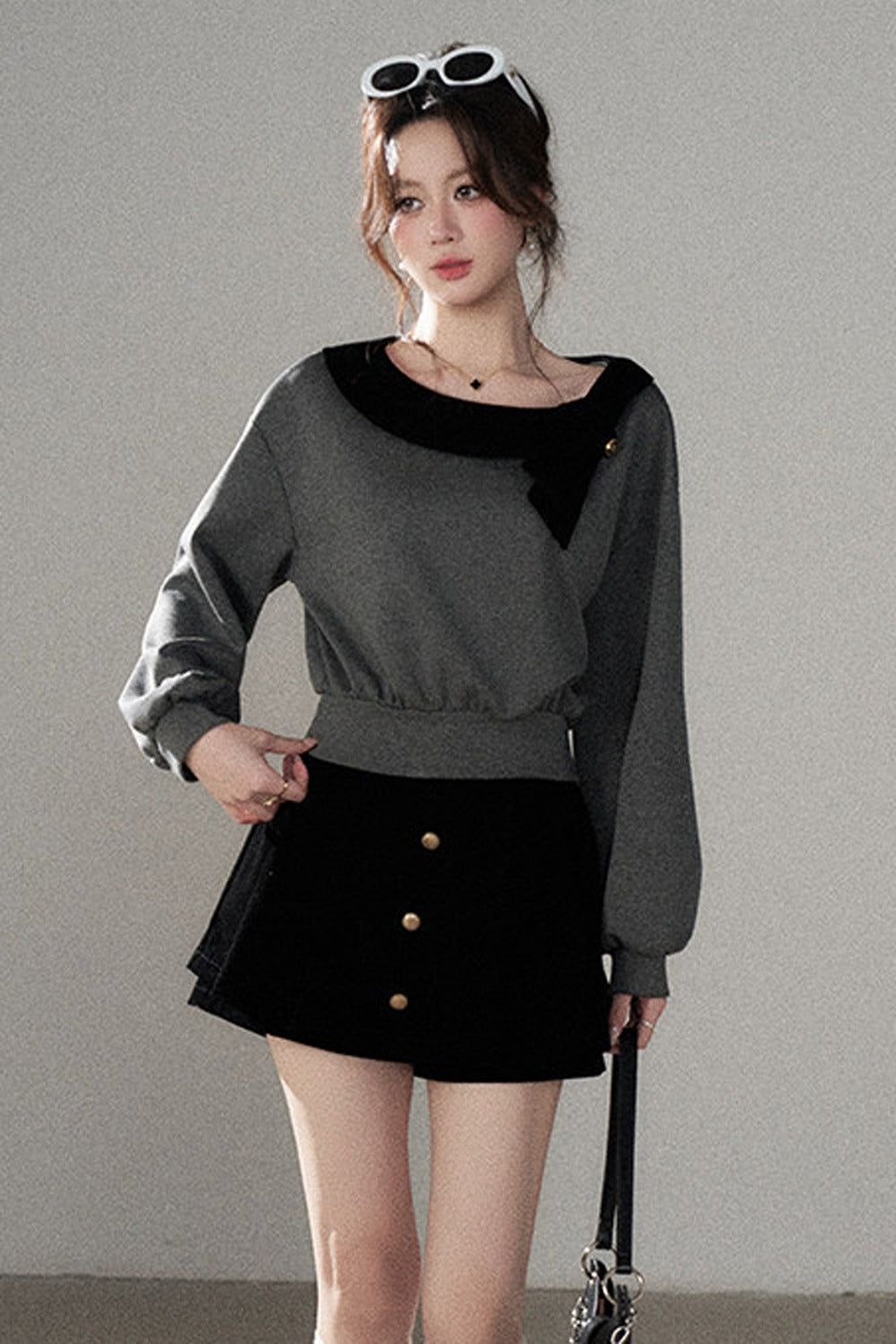 Gray Pullover Sweatshirt and Black Skirt Set-Up