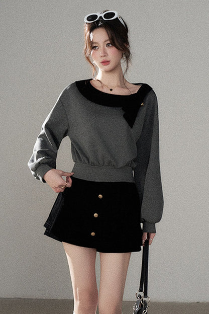 Gray Pullover Sweatshirt and Black Skirt Set-Up
