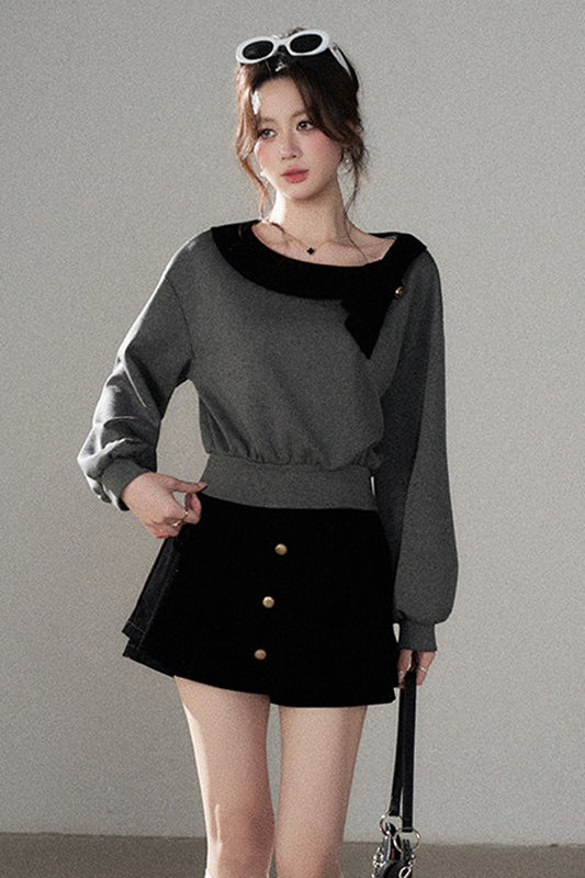 Gray Pullover Sweatshirt and Black Skirt Set-Up