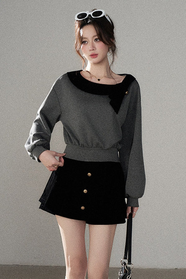Gray Pullover Sweatshirt and Black Skirt Set-Up
