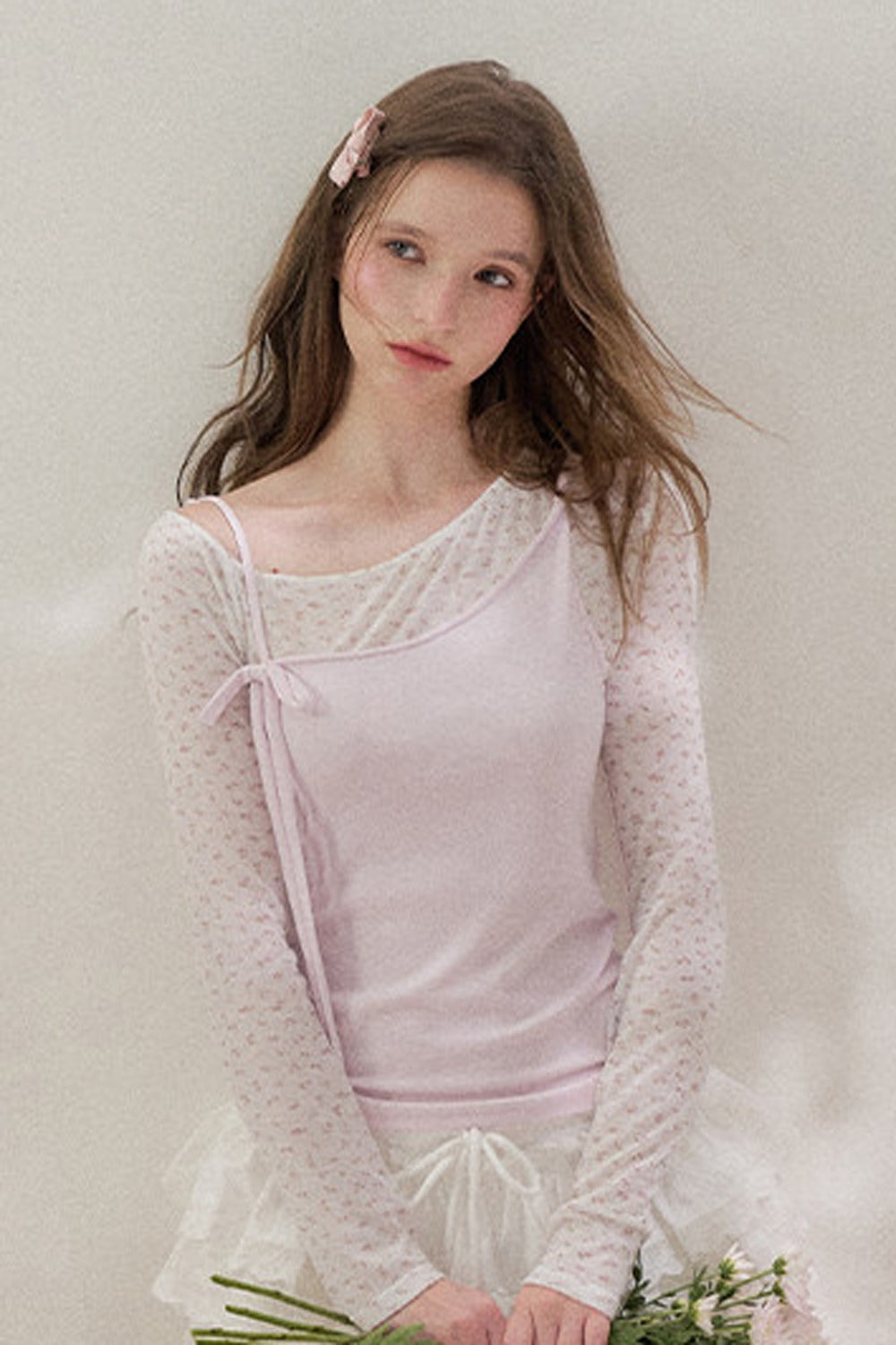 Layered-Look Floral Long Sleeve Blouse