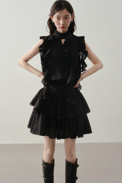 Textured Ruffle Collar Top And A-Line Skirt Set