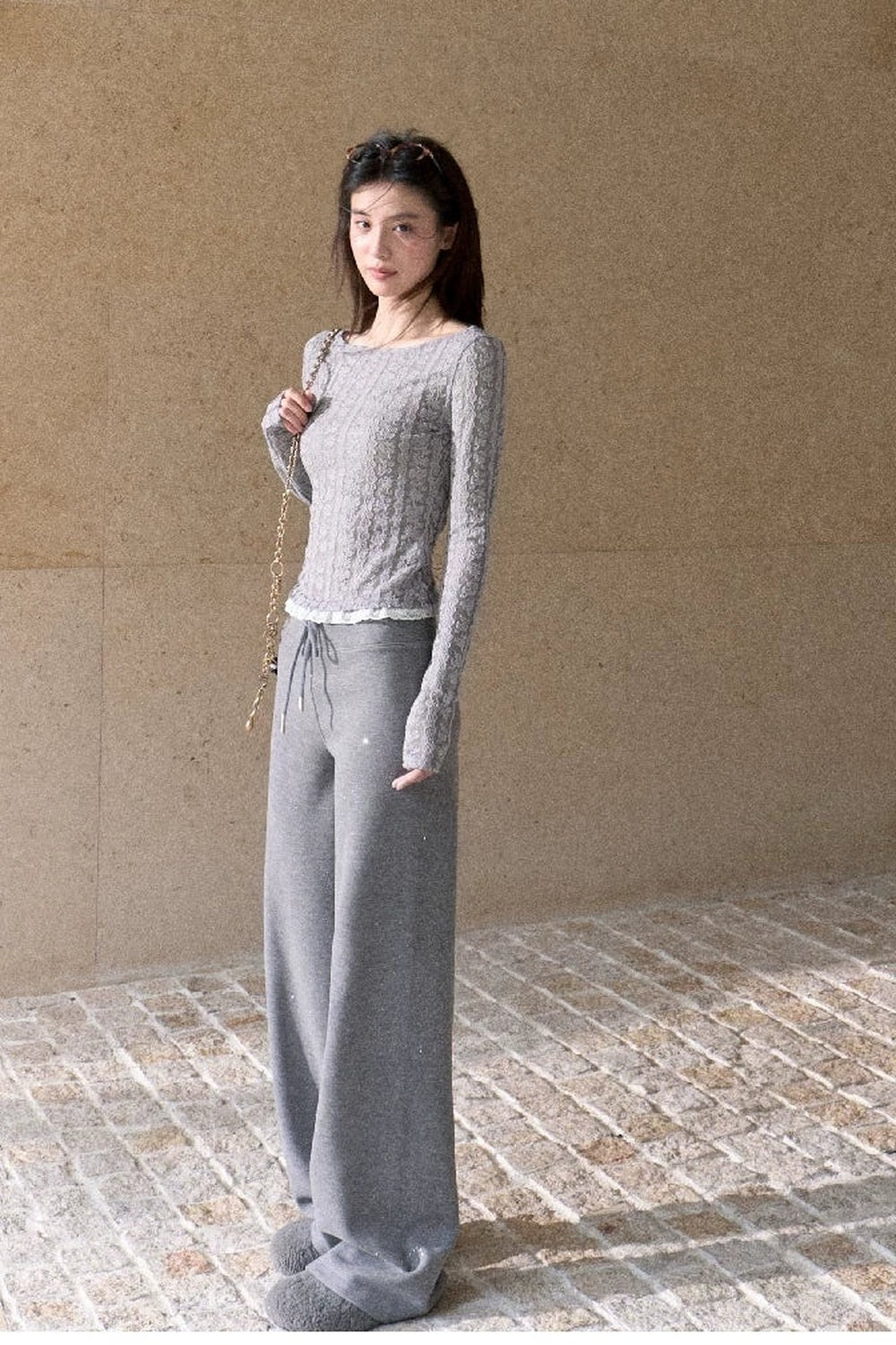 Wool Jacquard Lace Trim Color-Block Knit Top