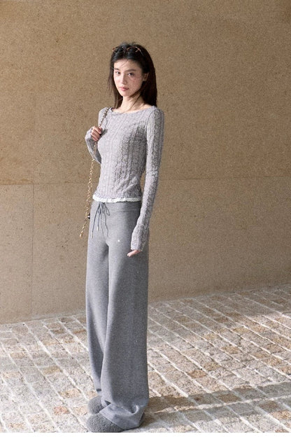 Wool Jacquard Lace Trim Color-Block Knit Top