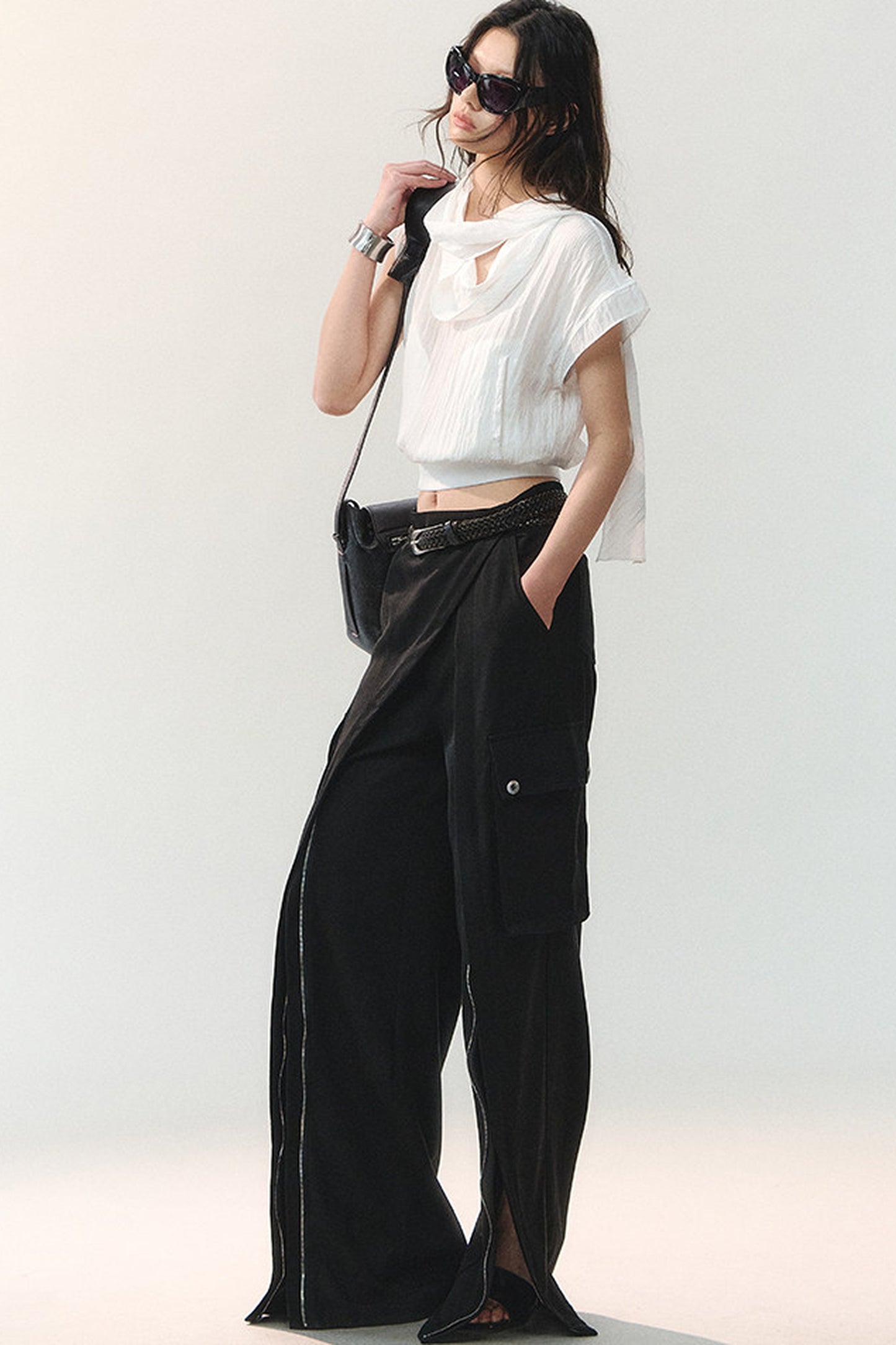 Drape Collar Short Sleeve Shirt With Tie