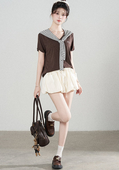 Loose Short-Sleeved Striped Shawl T-Shirt and Denim Skirt Set-Up