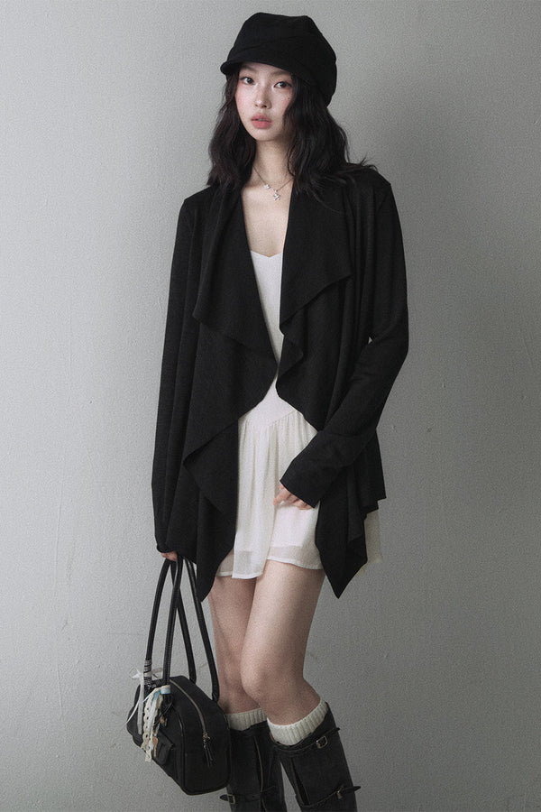 Irregular Ruffled Lapel Long-Sleeved Knit Cardigan