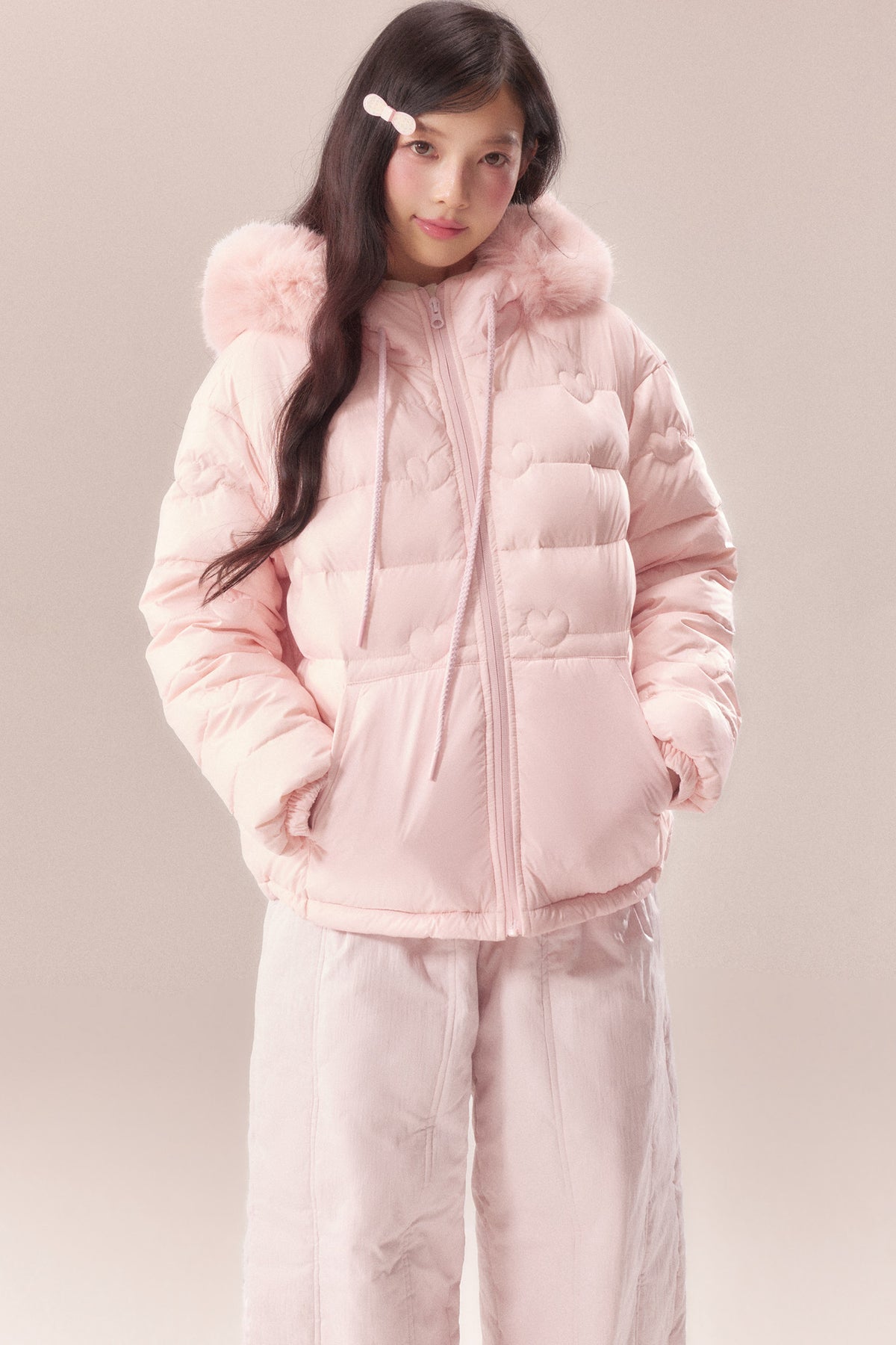 Heart Quilted Fur Collar Hooded Jacket