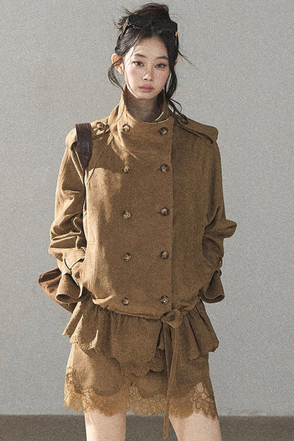 Double-Breasted Faux Suede Trench Coat and Skirt
