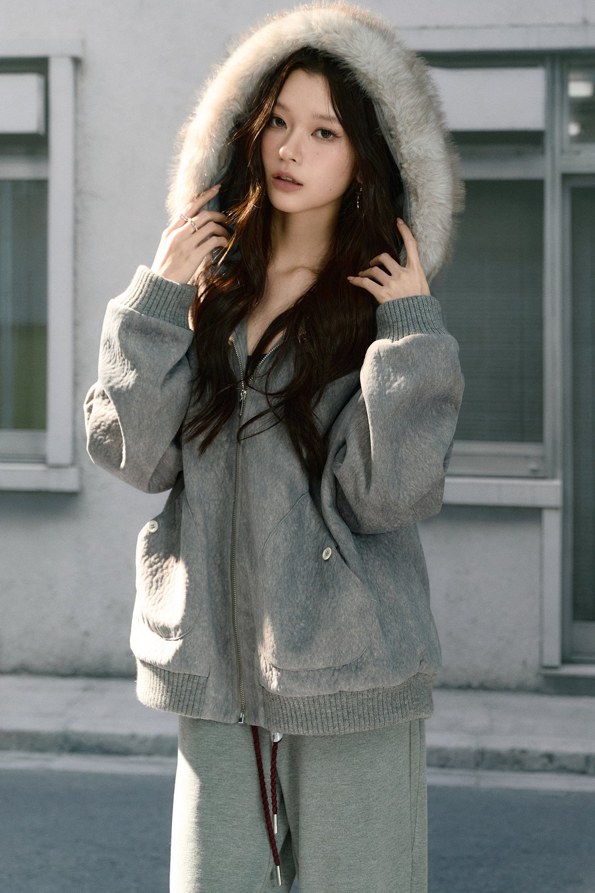 Detachable Fur Collar Quilted Hooded Jacket