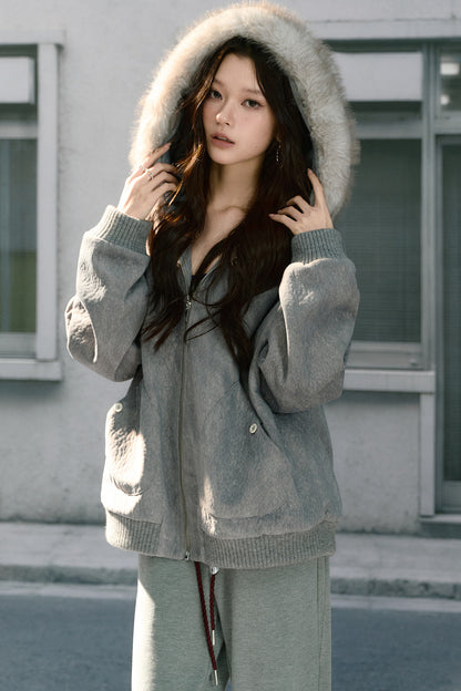 Detachable Fur Collar Quilted Hooded Jacket