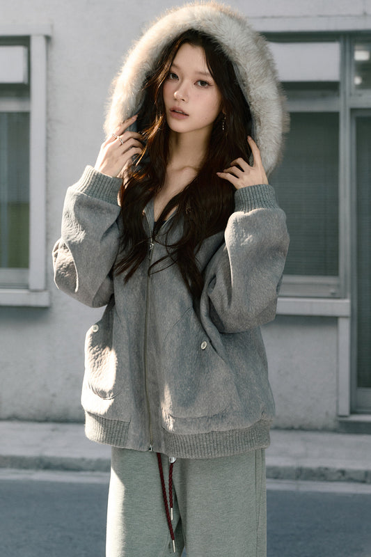 Detachable Fur Collar Quilted Hooded Jacket