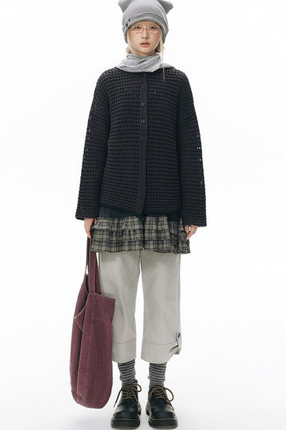 Solid Color Hollow Knit Cardigan