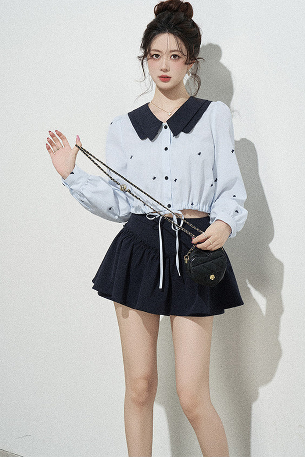 Doll Collar Drawstring Long-Sleeve Shirt and Skirt Set-Up