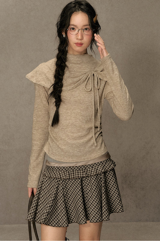 Bowknot Cape Collar Long Sleeve Top