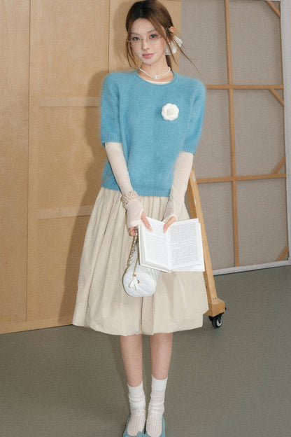 Mid-Sleeve Brushed Wool Pullover Top and A-Line Skirt Set-Up