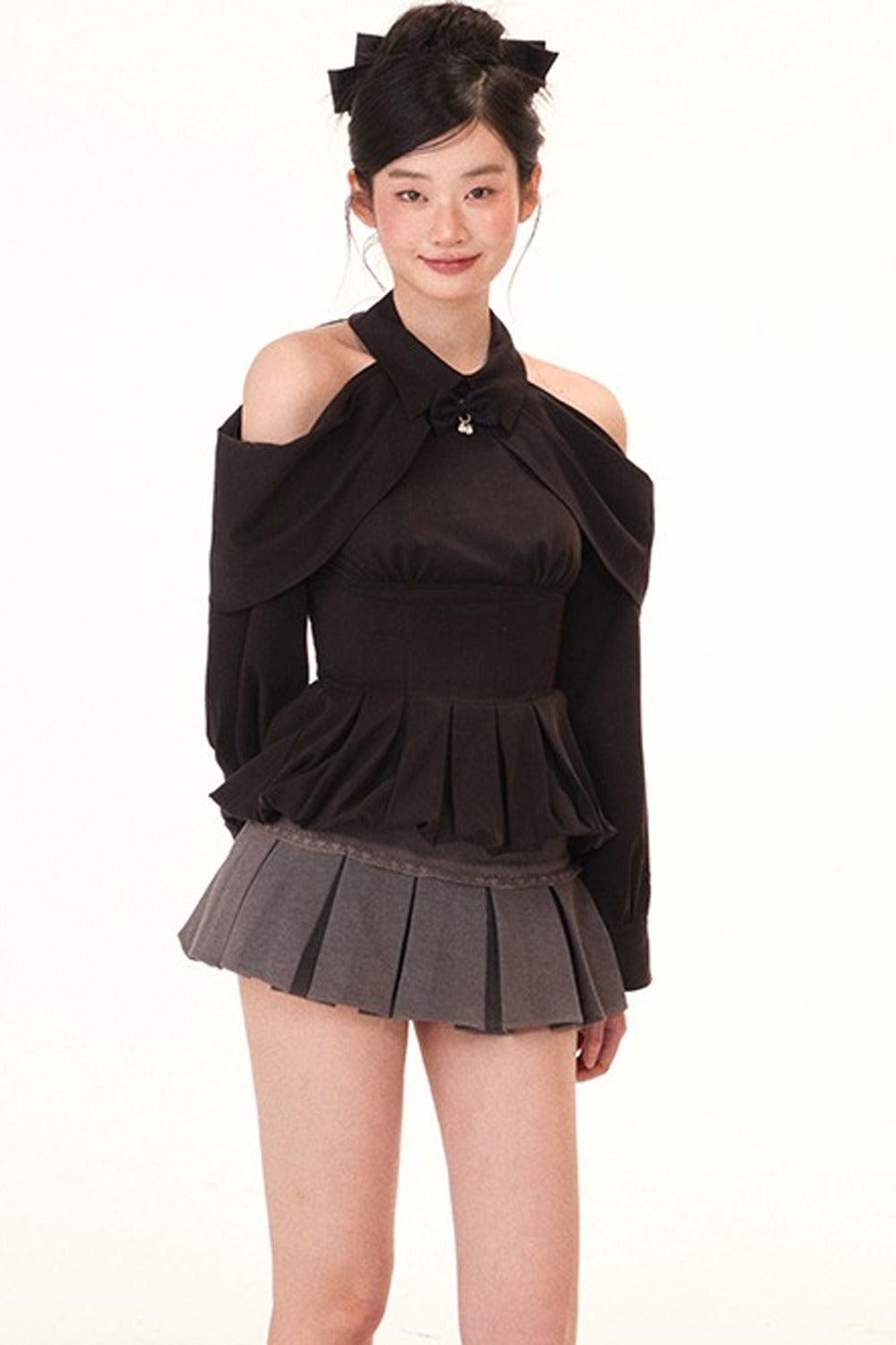 Black Shirt and Gray Pleated Skirt Set-Up