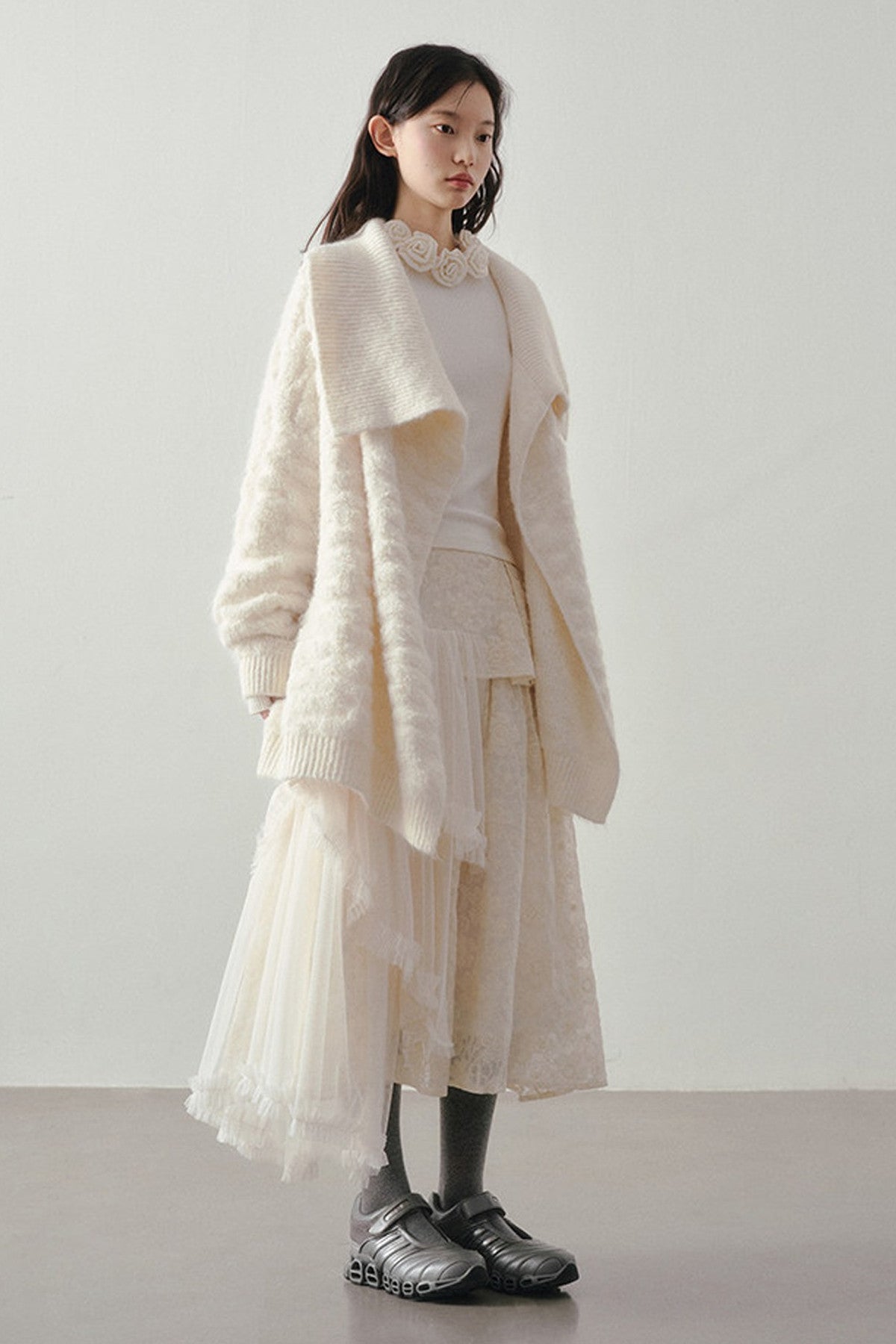 Beige Thick-Knit Loose Mid-Length Cardigan
