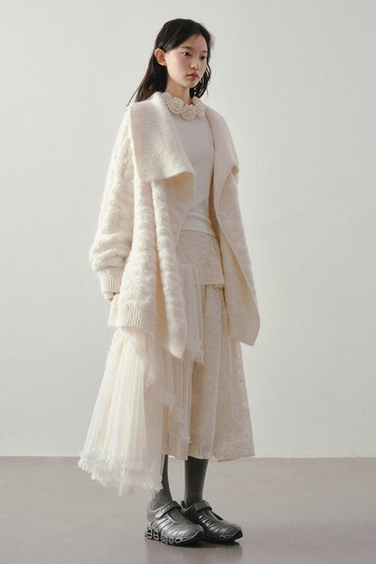 Beige Thick-Knit Loose Mid-Length Cardigan
