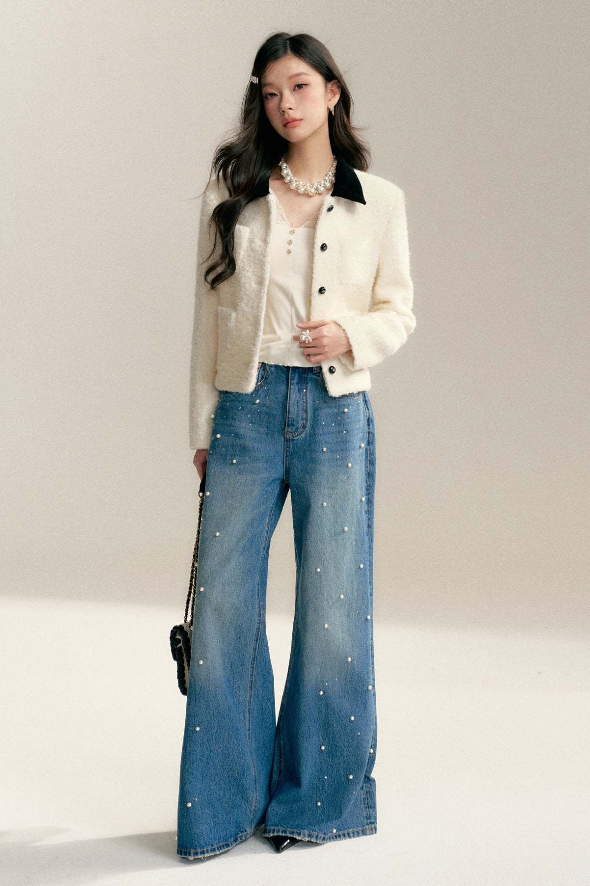 Pearl Rhinestone Wide Leg Jeans