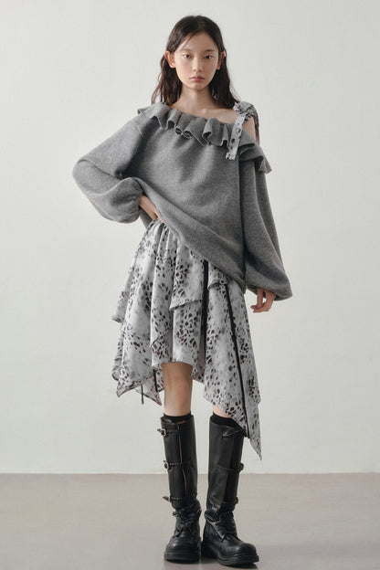 Gray Off-Shoulder Sweater Leopard Skirt Set-Up