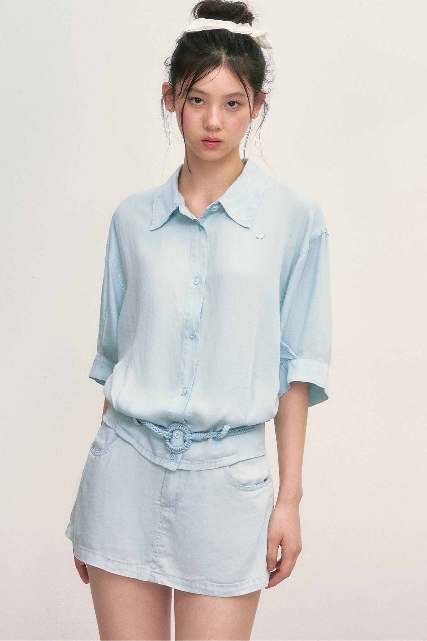 Short Sleeve Light Blue Shirt and Skirt Set-Up