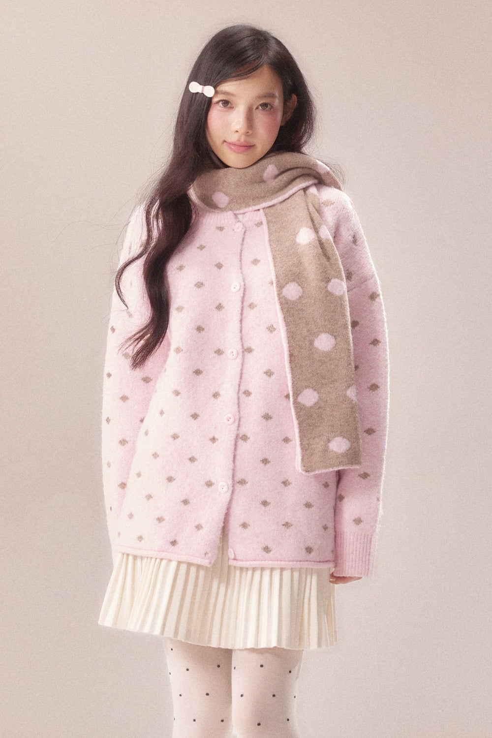 Polka Dot Scarf Knit Cardigan