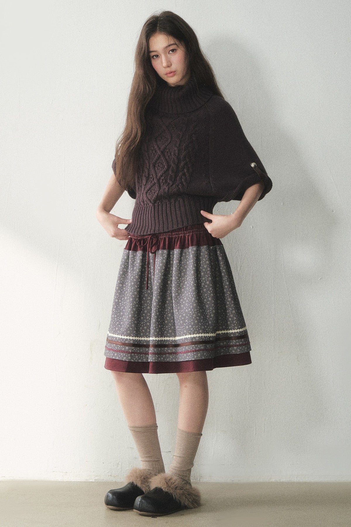 Berry Purple High-Neck Wool Knit Cape