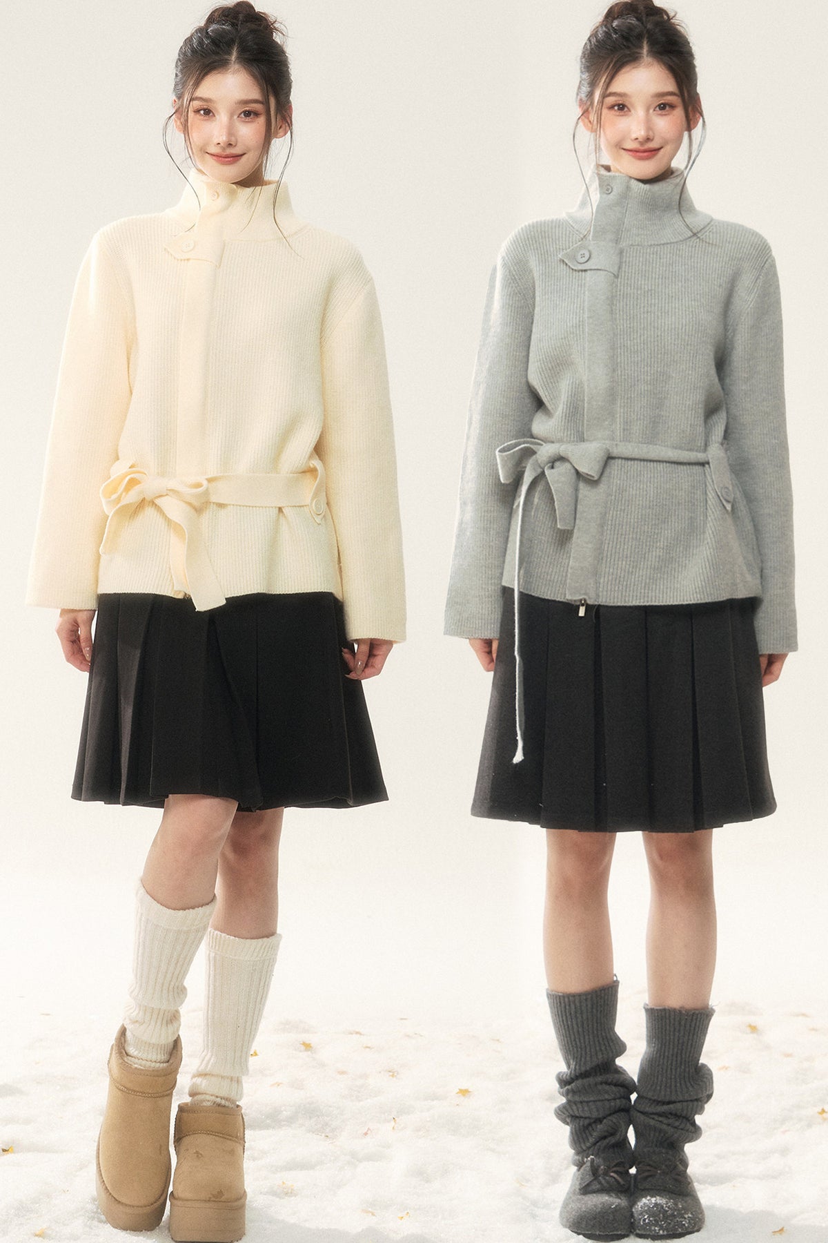 Wool Tie Cardigan and Pleated Skirt Set-Up