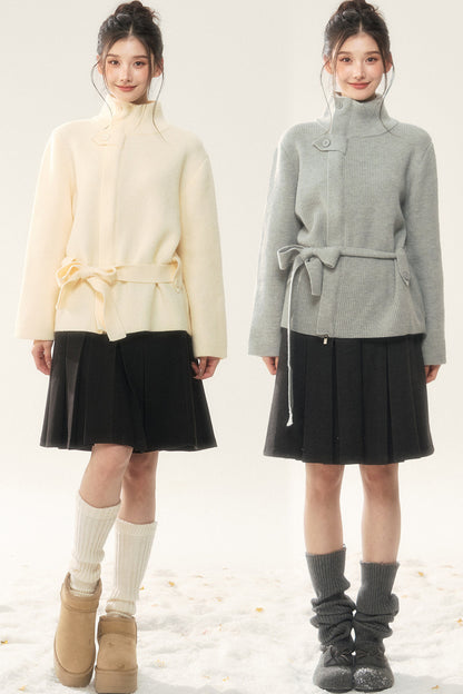 Wool Tie Cardigan and Pleated Skirt Set-Up