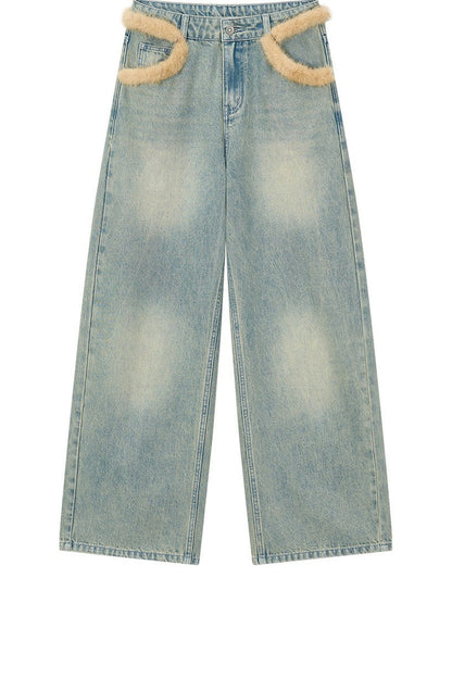 Fur Patch Wide-Leg Jeans
