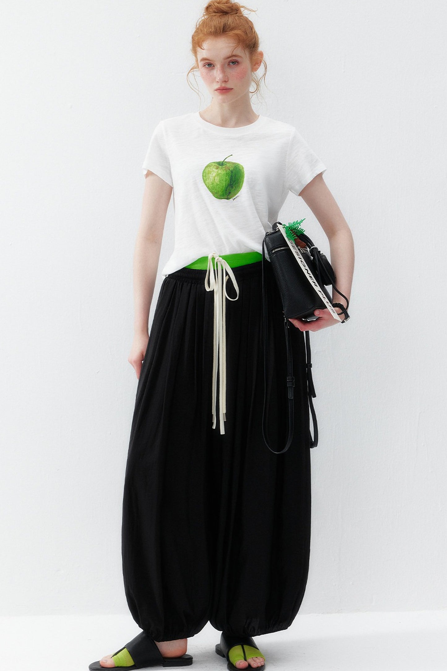 White Green Apple Print Blouse