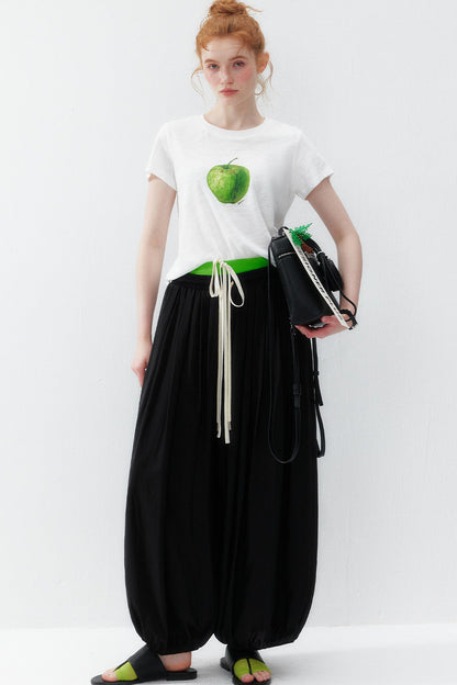 White Green Apple Print Blouse