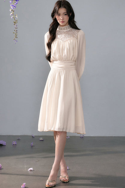 Pleated Lace Mid-Length Dress