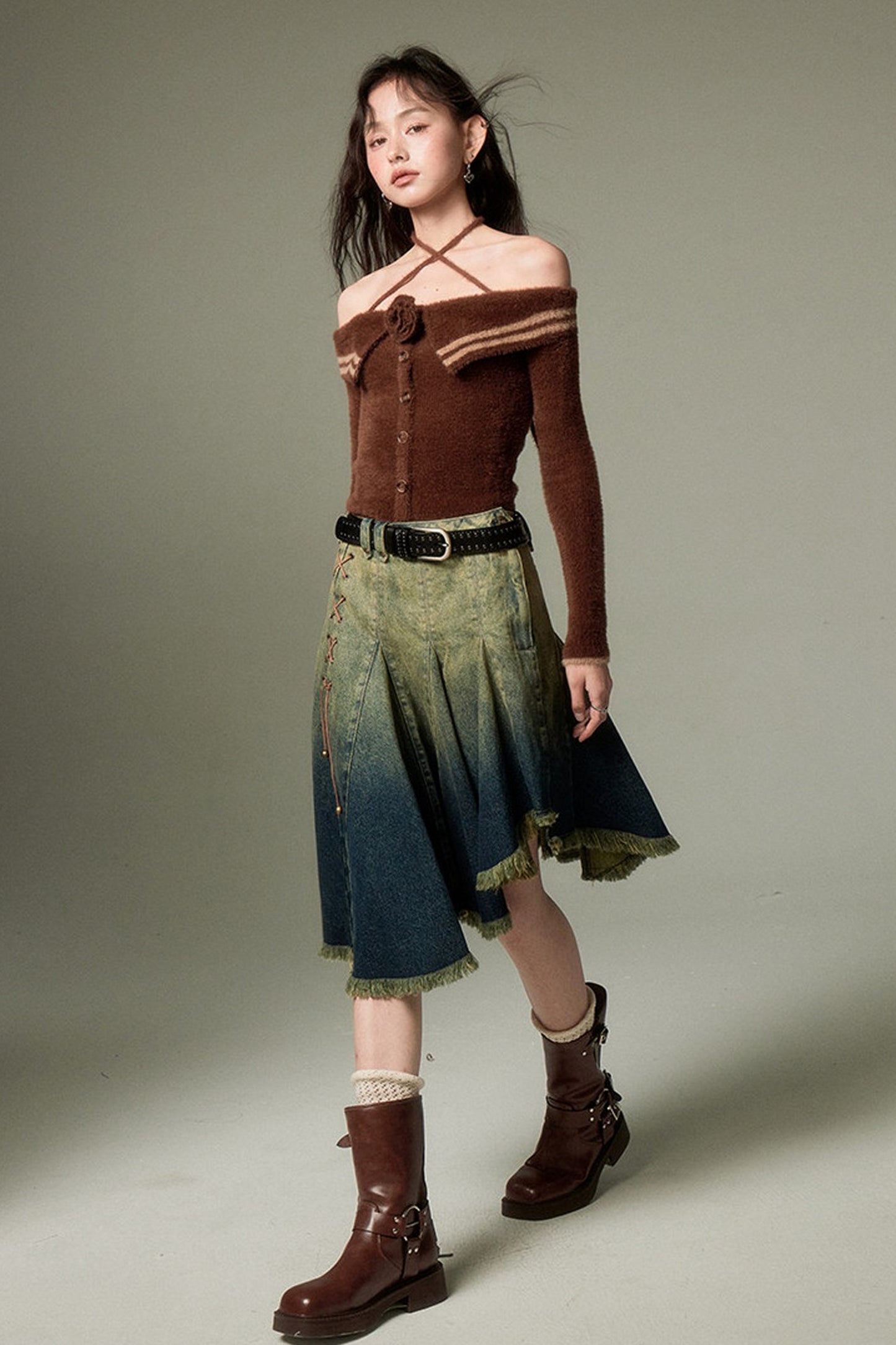 Rose Cross-Strap Off-Shoulder Sweater