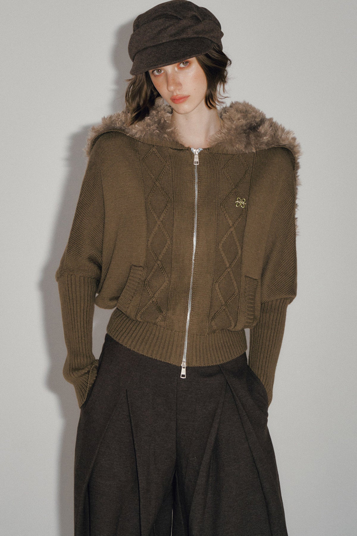 Detachable Navy Fur Collar Cable-Knit Cardigan