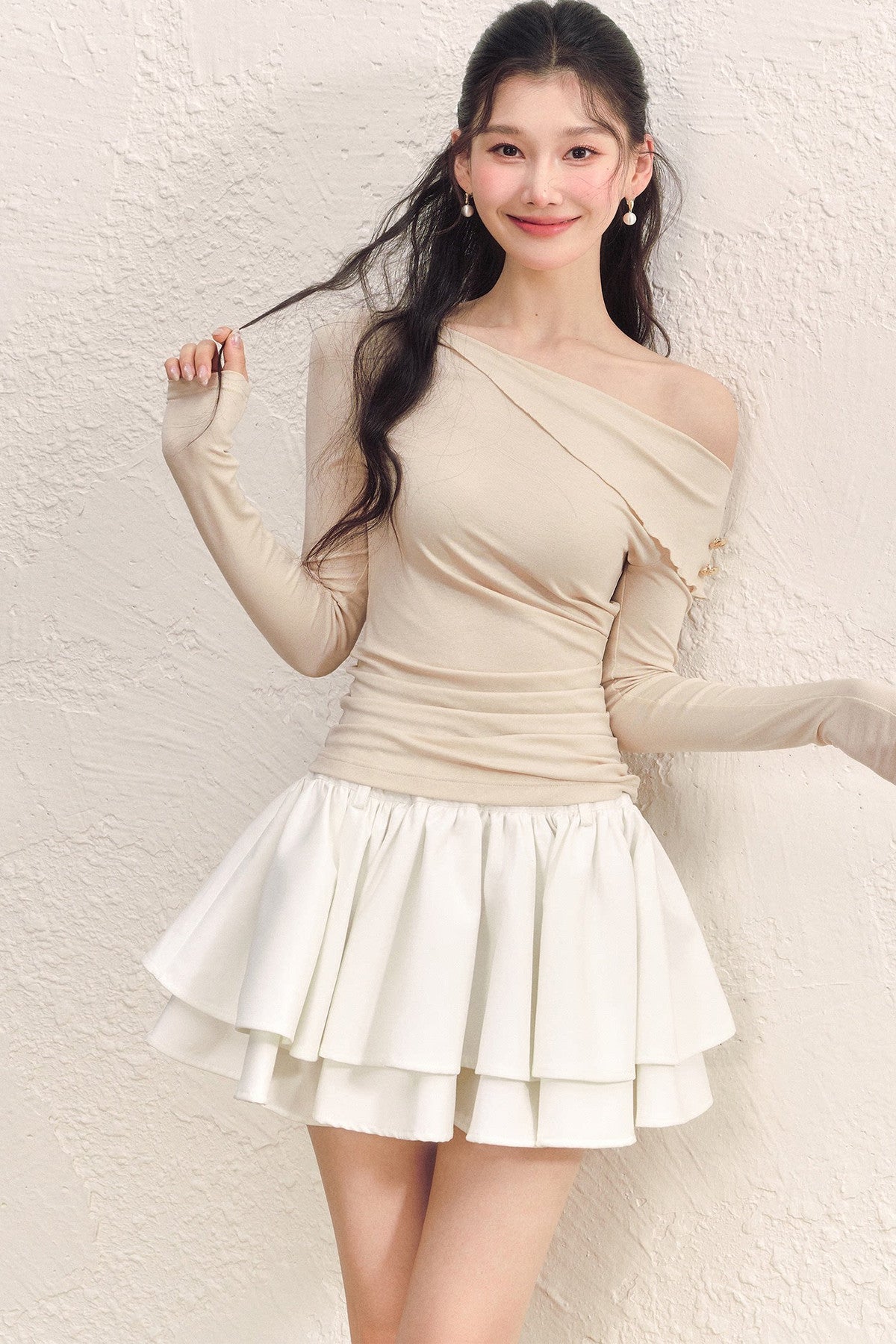 Asymmetrical Collar Long-Sleeved Knit Top and Skirt Set-Up