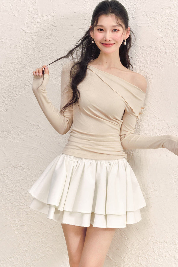 Asymmetrical Collar Long-Sleeved Knit Top and Skirt Set-Up