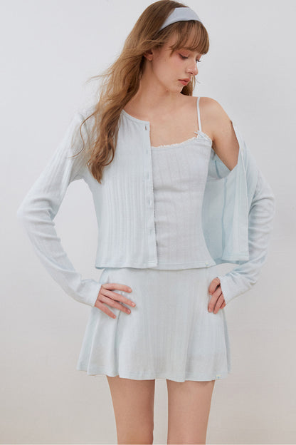Lace Cut-Out Cardigan Cami A-Line Skirt Set-Up
