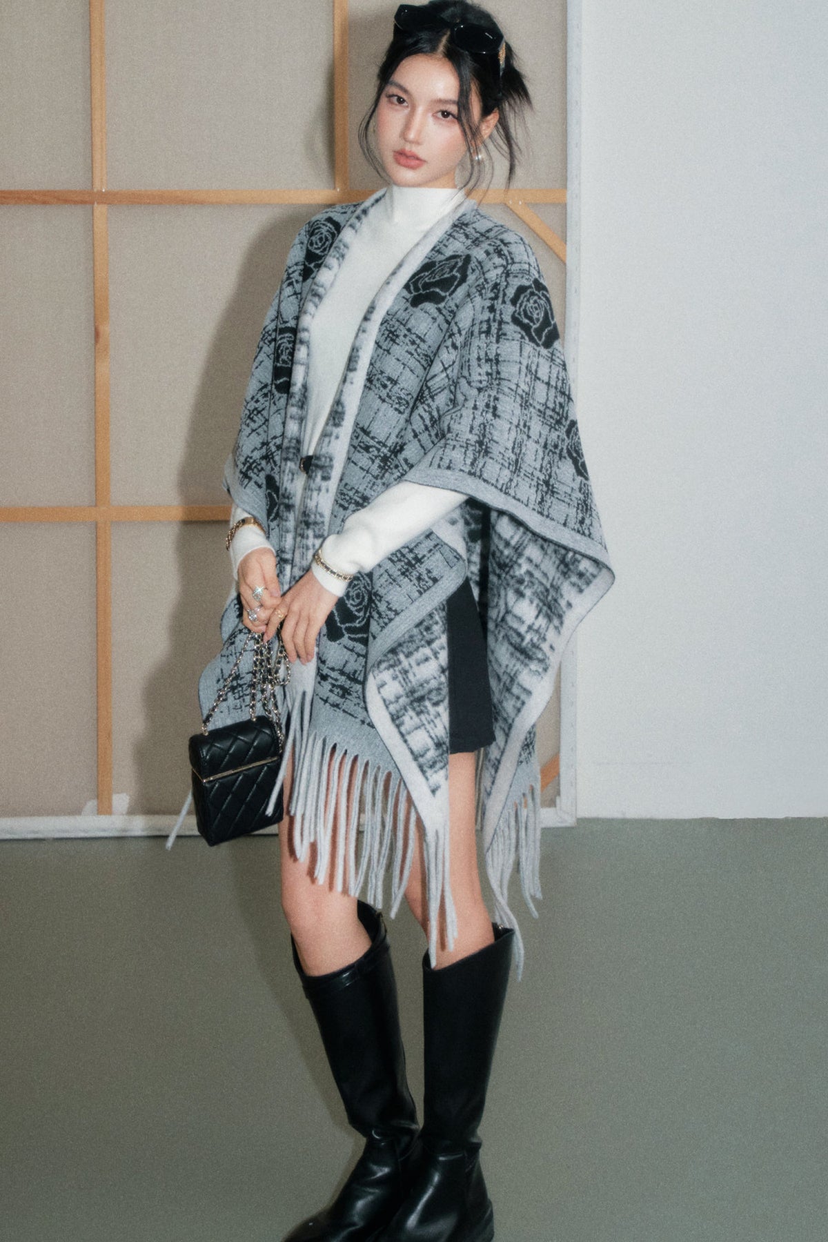 Plaid Rose Tassel Shawl Set-Up