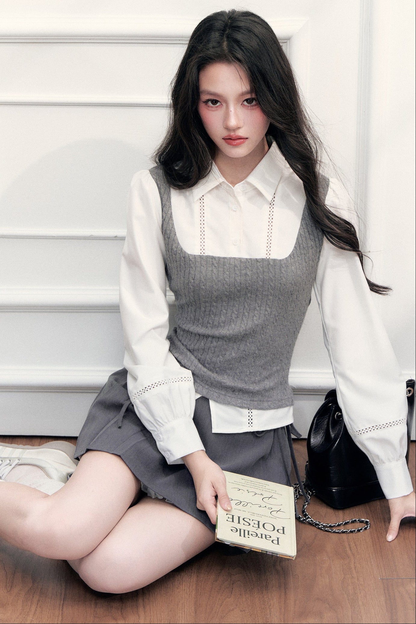 Gray Knit Vest Blouse and Skirt Set-Up