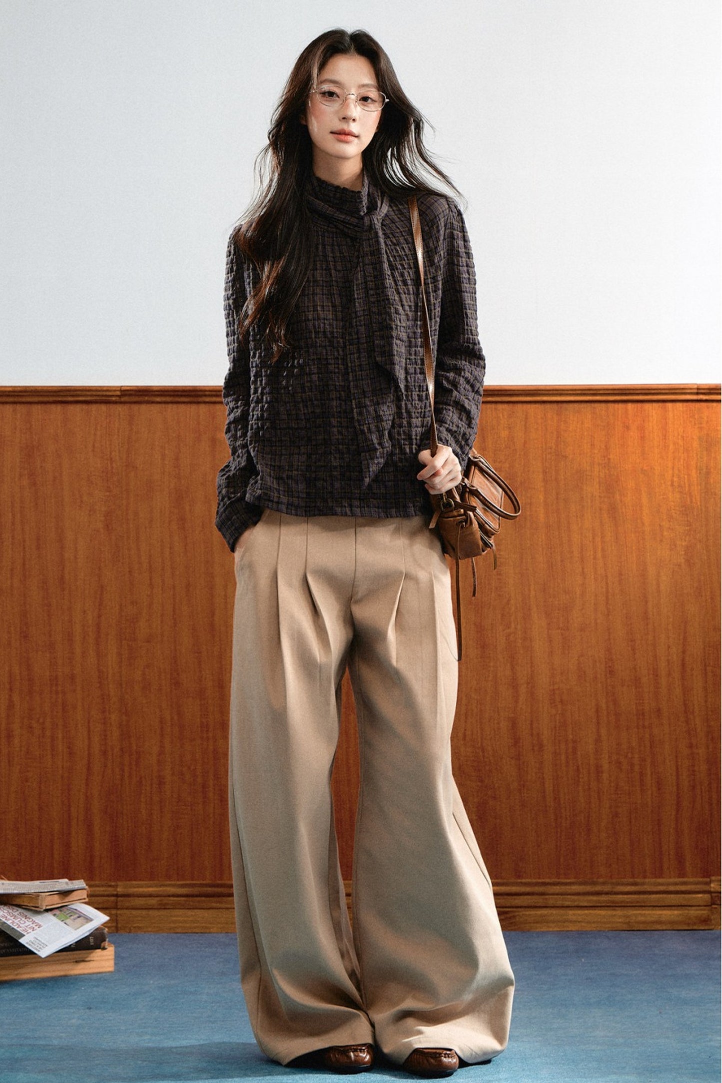 Plaid Cable-Knit Knit Shirt Top
