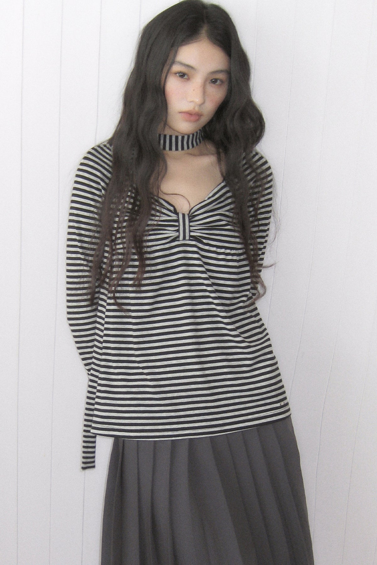 Striped Long-Sleeved Ribbon Bow T-shirt