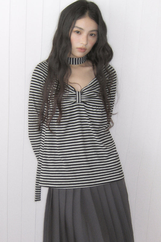 Striped Long-Sleeved Ribbon Bow T-shirt