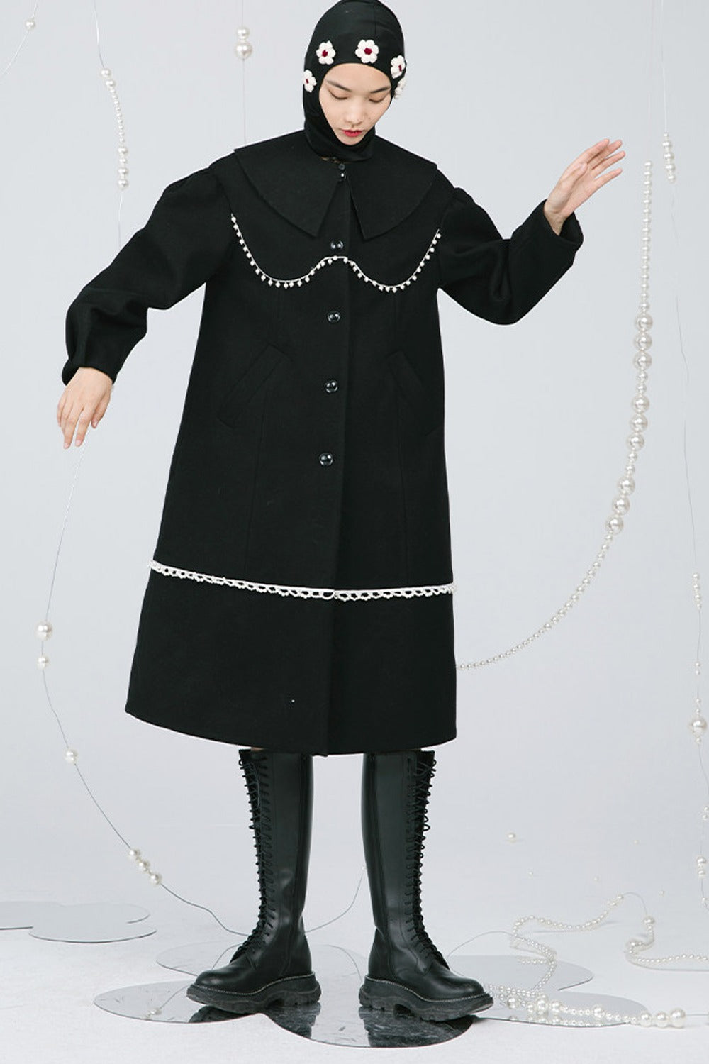 Black Pearl Lace Wool Coat