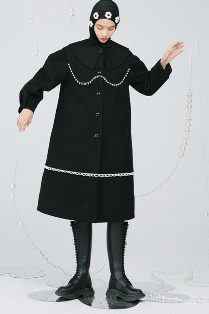 Black Pearl Lace Wool Coat