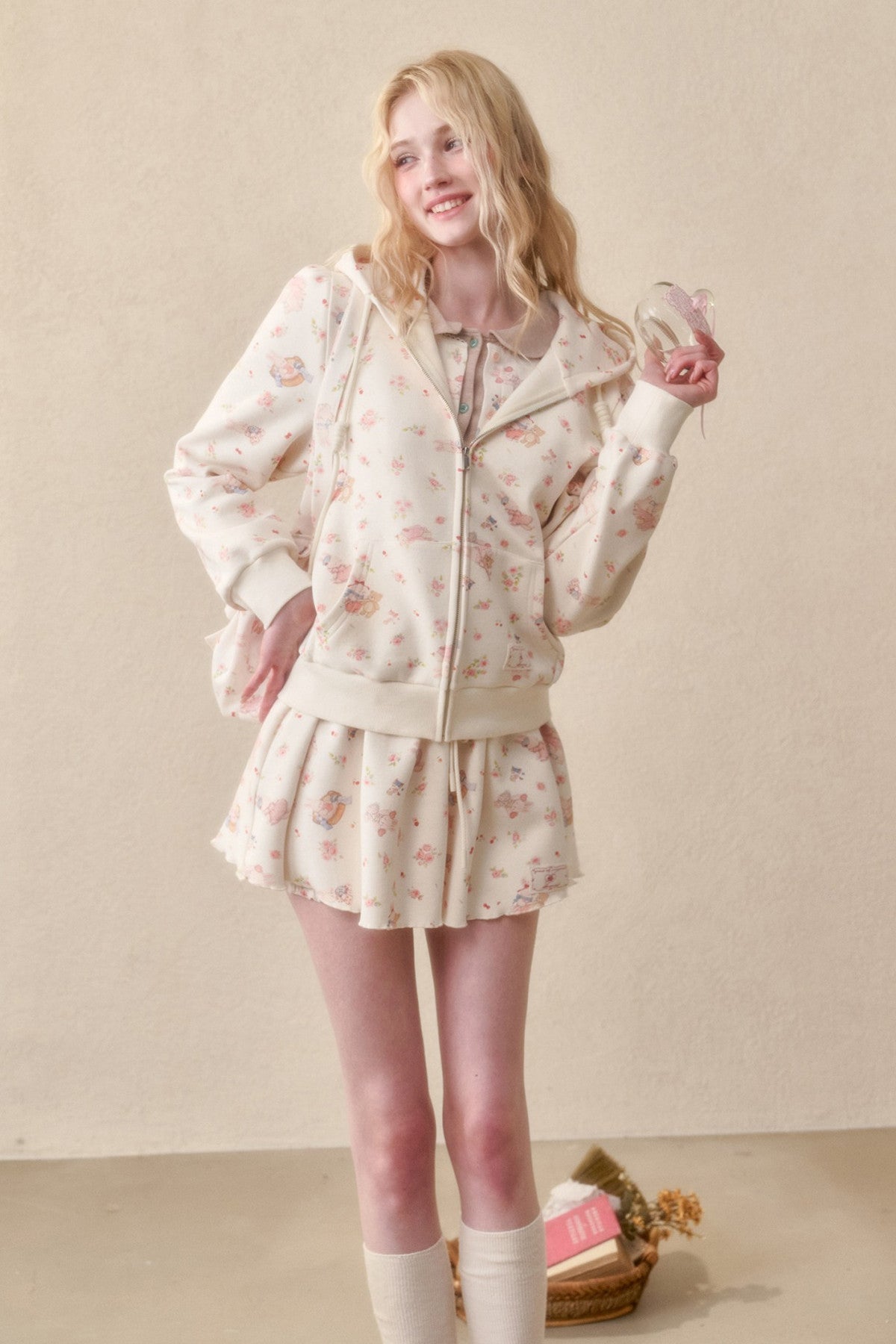 Bunny Print Hoodie Skirt Set-Up