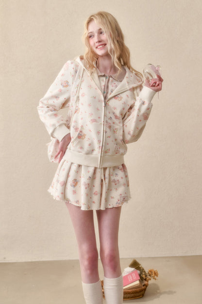 Bunny Print Hoodie Skirt Set-Up