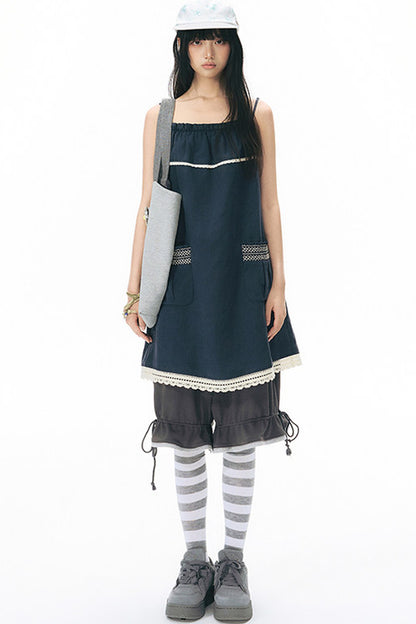 Color-Block Drawstring Elastic Waist Wide-Leg Mid-Length Shorts